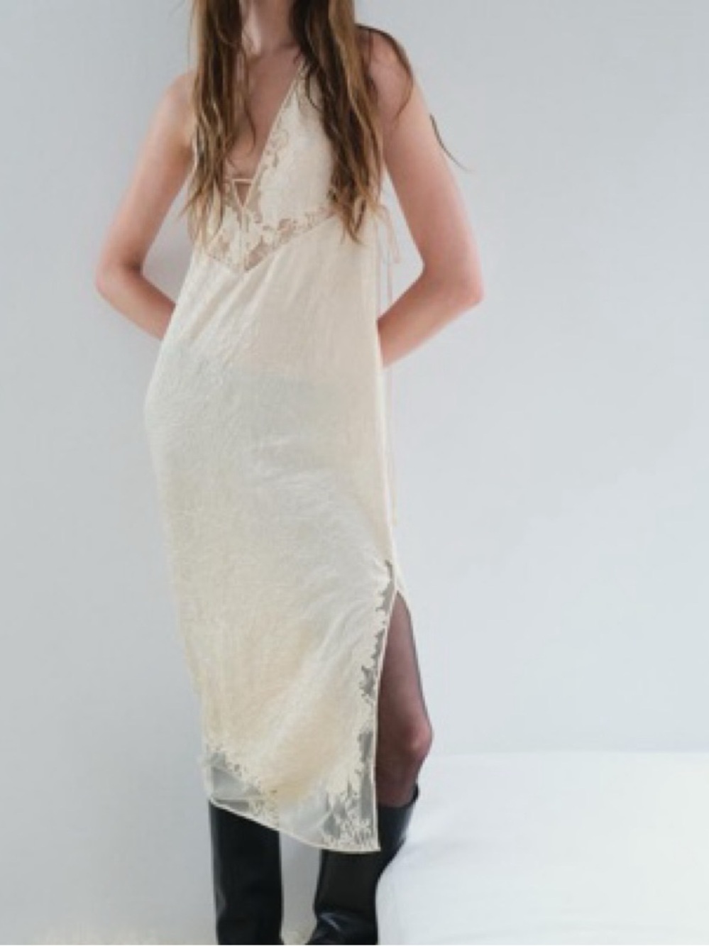 Zara zw collection wrinkle lace slip lingerie style dress